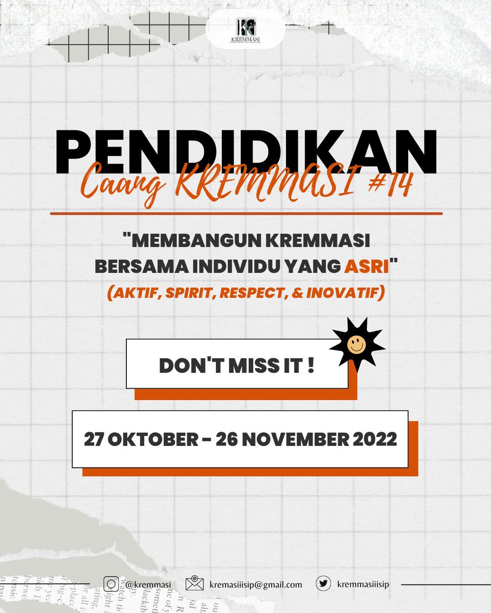 📖 | PENDIDIKAN CAANG KREMMASI #14 | 📖

Yas! Pendidikan Caang KREMMASI #14 akan hadir untuk memberikan pembelajaran mengenai musik dan event organizer! Jangan lupa ikut pendidikan dan mari 'Membangun KREMMASI Bersama Individu Yang ASRI! Salam KREMMASI!✊🏻
#Kremmasi #iisipjakarta