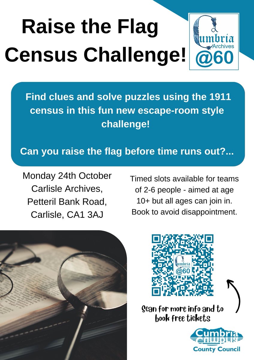 CumbriaArchives's tweet photo. 🎃🦇 Half-term fun is almost here!!🧙‍♀️👻

Join us at #CarlisleArchives Monday 24 October for our free Raise the Flag challenge! 🔍
Find clues &amp; solve puzzles using the 1911 census in this fun new escape-room style challenge!  
Can you raise the flag before time runs out?
#Carlisle https://t.co/cQUz2SKY1s