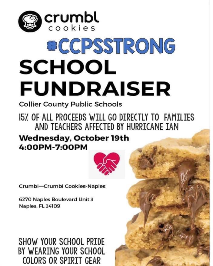 BchsAll's tweet photo. Come out and help support CCPS families and teachers affected by hurricane Ian @crumblcookies  @BarronCollier @collierschools #floridastrong #collierstrong https://t.co/fBlmIIM786