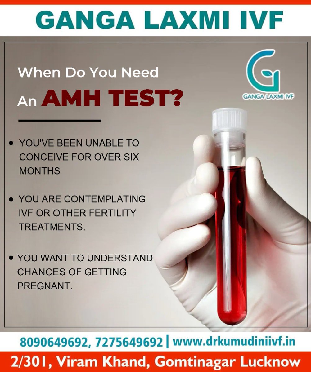 dr_kumudini's tweet image. An AMH test is often used to check a woman's ability to produce eggs that can be fertilized for pregnancy. 
Ganga Laxmi IVF specializes in treating infertility and is a leading IVF Clinic in Lucknow.
Call 8090649692 or 7275649692 for booking an appointment.

#amhtest #ivf #iui