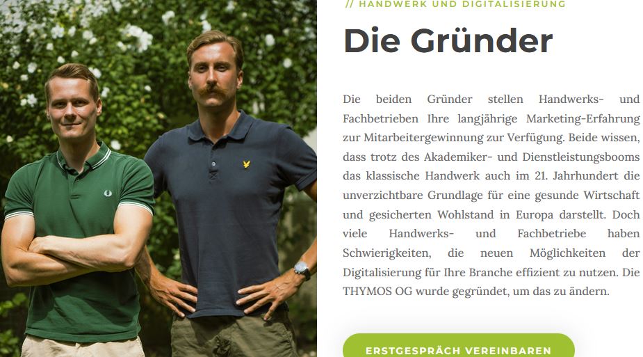 IbDoku's tweet photo. Die Wiener Thymos AG, die mit der Generierung von Fachkräften für Handwerksbetriebe wirbt, ist ein Unternehmen der langjährigen und gewaltbereiten Identitären Fabian Rusnjak (IB-Kassenwart) und Philipp Huemer (IB-Leiter #Wien). 
1/2 https://t.co/SKMO0xyWO7