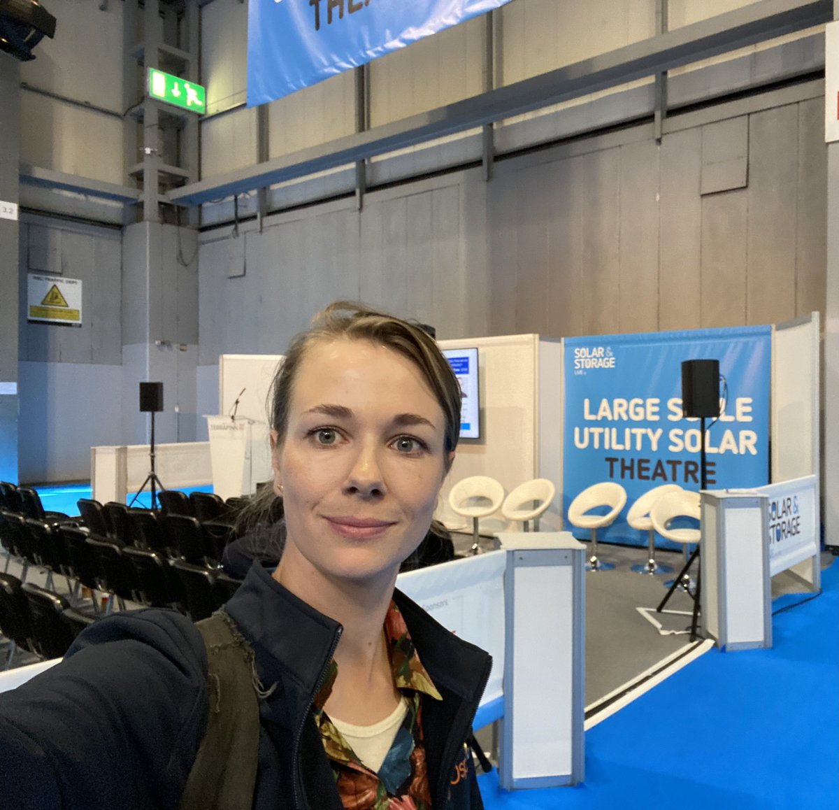 Osprey_Dora's tweet photo. Awkward pre-panel selfie at @SolarStorageUK! About to talk diversity in the renewables and EV industry, representing @OspreyCharging and EV charging. https://t.co/ONxGlHtnq7