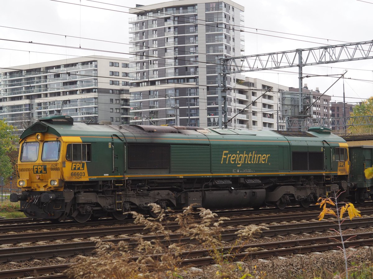 krzysiek_em's tweet photo. dziś pod wjazdowym na Wwa Gdańska tłok. po #ET22-1107 z pociągiem towarowym zjawił się Freightliner #Class66603 równie z bruttem. a gdy chowałem aparat, wyskoczył znienacka #EP07-174 w klasycznych barwach z pociągiem służbowym. #fotografiakolejowa https://t.co/P8BkKYYZKS