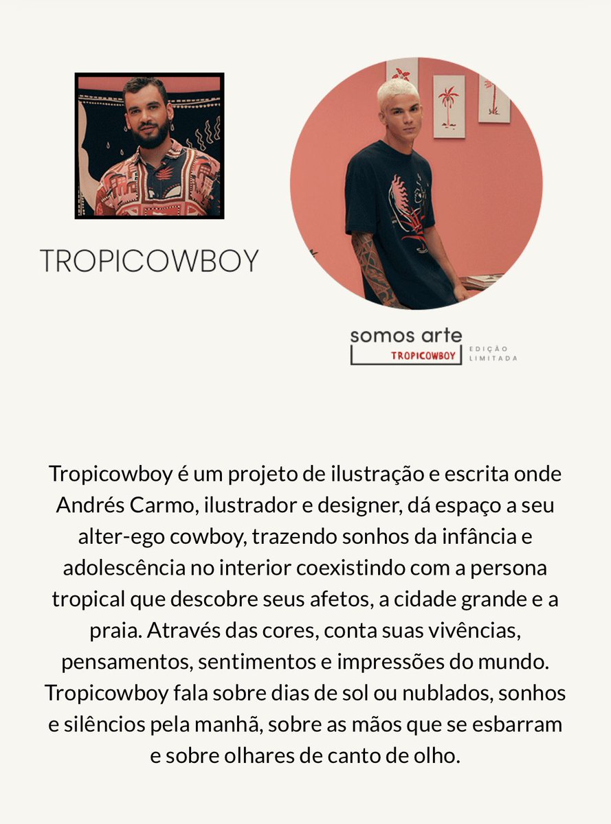 tropicowboy's tweet photo. • veio aí! sou um dos artistas convidados pela Renner para a nova coleção #SomosArte, na qual desenvolvemos juntos peças limitadas e exclusivas trazendo todos os elementos, cores, detalhes e sentimentos das minhas artes por meio de produtos que vão do vestuário aos acessórios 🌞 https://t.co/D4qLhp089m