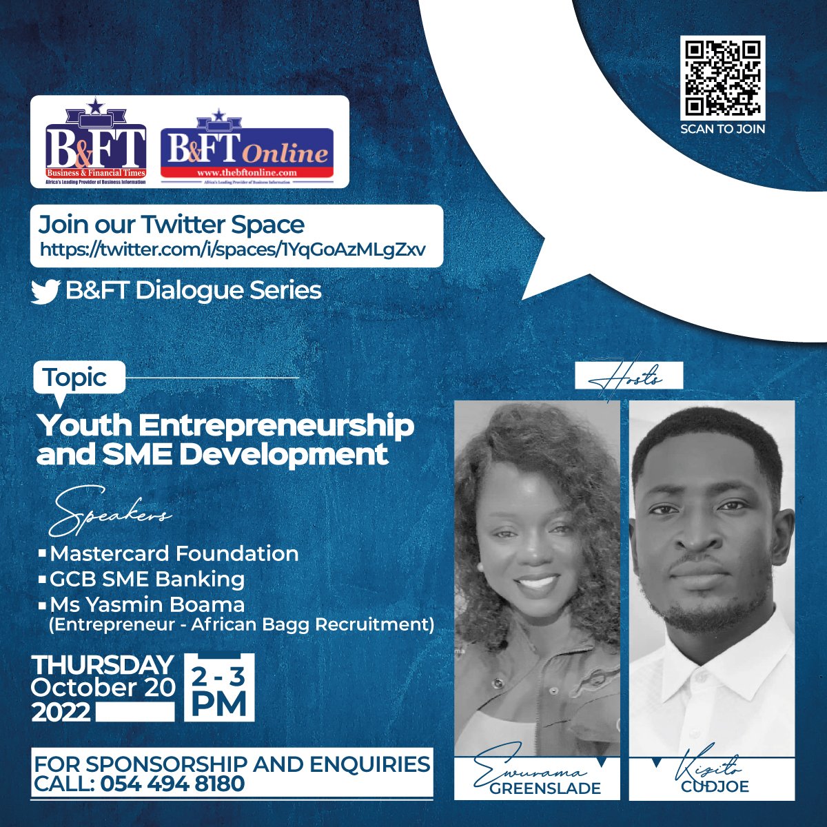 MisterKizito's tweet photo. Could you make it to our first edition? If not, worry not. Make a date to be part of our next space chat tomorrow as welcome @Mastercard @GCBBankPLC and a budding entrepreneur on #BFTDialogueSeries #BFTSpace powered by @bftghana. I will share the hosting seat with @LadyEwurama ☺ https://t.co/OebLClE8mn