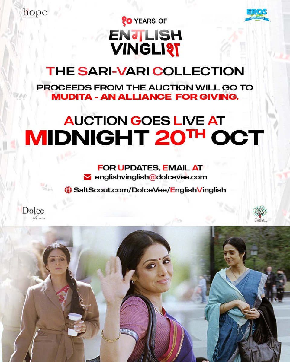 HopeProdn's tweet photo. Fastest Fingers First!
Place your bid first for your favourite Sari at 12 AM IST!
Help a young woman's dream come true with Mudita - An Alliance for Giving.
๐ https://t.co/sQ57spjXI0
#10YearsOfEnglishVinglish #SariVariAuction https://t.co/VtbNclDiqn