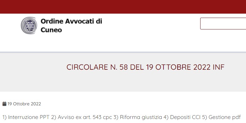 #avvocati #Cuneo Mia ultima circ: 1) Interruzione #PPT dalle 17 2) #avviso #PP3: trib. TO e CN come <a href="/avvmreale/">Maurizio Reale</a> e <a href="/CNF_it/">Consiglio Nazionale Forense</a>, notifiche in proprio valide 3) Riforma #giustizia 4) Depositi #CCI 5) consigli per gestione #PDF di <a href="/matteoriso/">Matteo Riso</a> e <a href="/stefbald/">stefano baldoni</a> ordineavvocaticuneo.it/Circolari/circ…