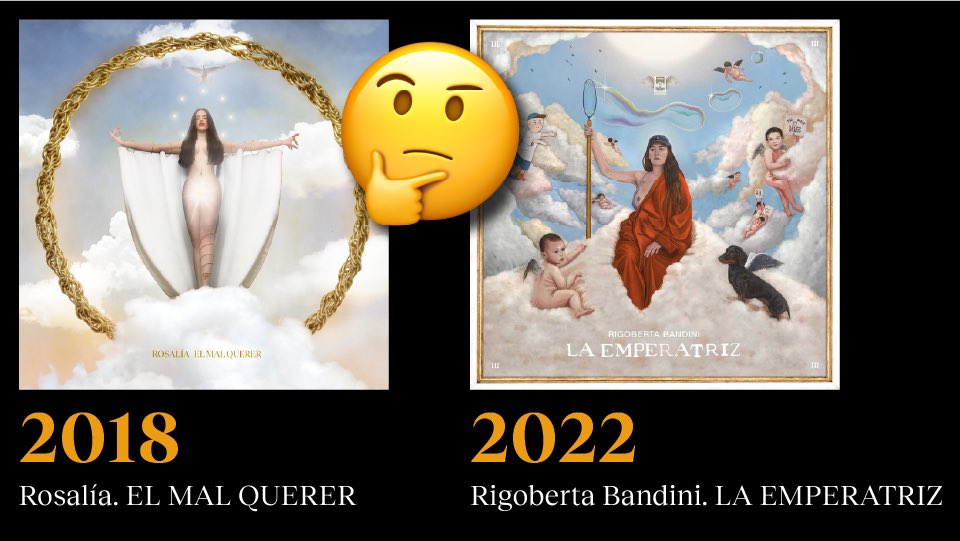 QueMePasaDoctor's tweet photo. En serio? En 2018 @rosalia ya se mostraba en la portada de El Mal Querer como una emperatriz, como una diosa, como una iluminada.  Cielo, nubes, brazos en alto…. Falta de originalidad @rigobandini? https://t.co/nxTvIAKb3q