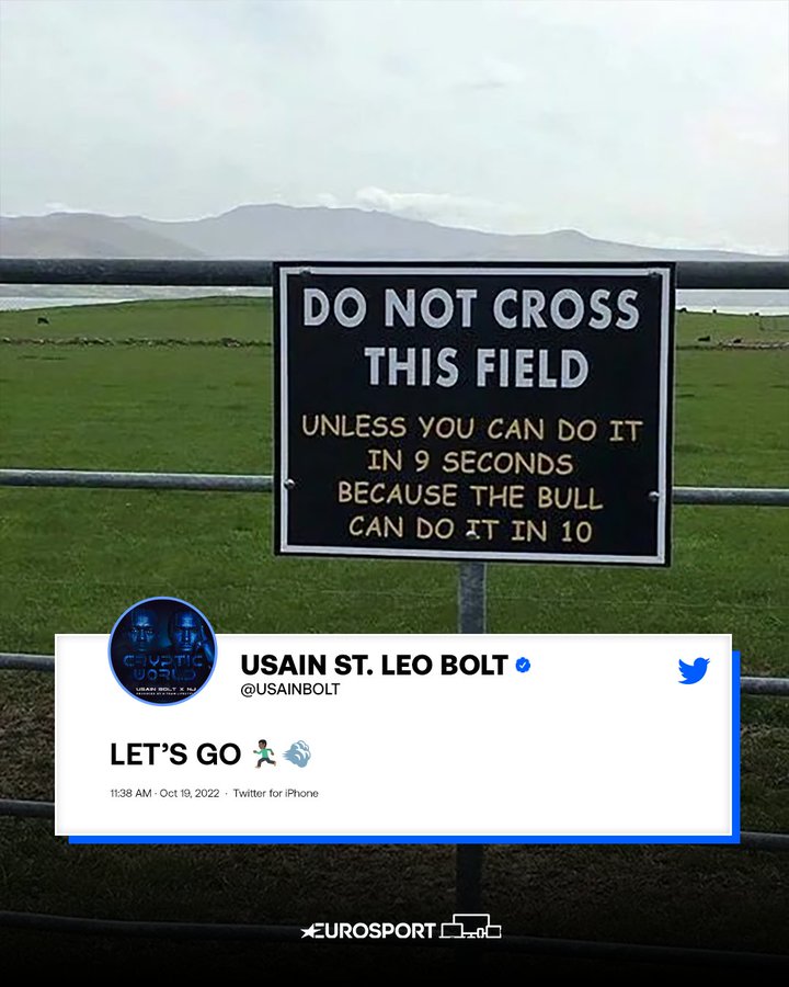 Eurosport_NL's tweet photo. 🏃🐂 | Usain Bolt himself durft de uitdaging wel aan! 😅💨 #donotcross https://t.co/rqaHu4ArjQ