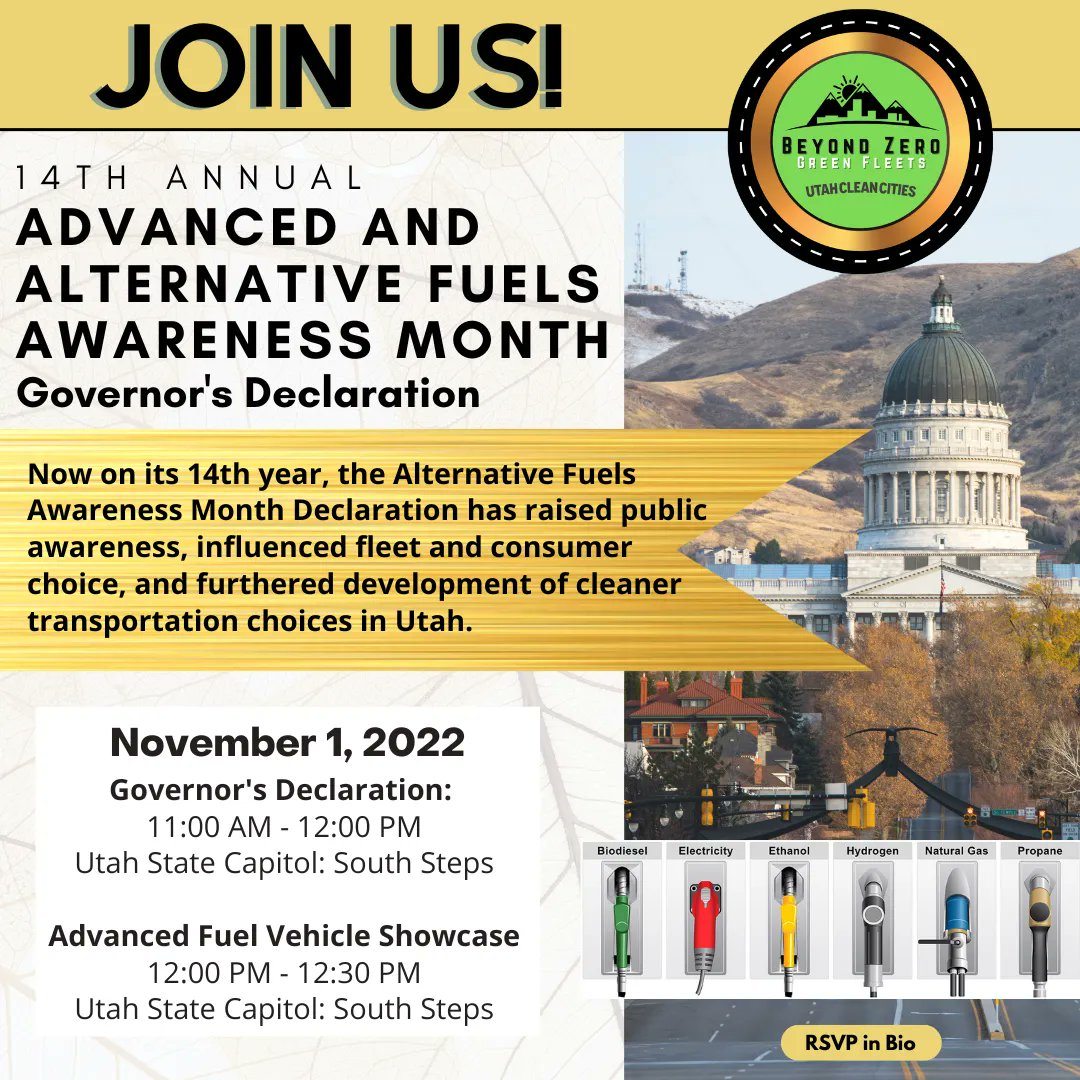 UtahCleanCities's tweet photo. Join Utah Clean Cities on November 1st to kick off the 14th annual Advanced &amp; Alternative Fuels Awareness Month at the Utah State Capitol!

More details in our bio

#utahcleancities #driveelectricutah #greenfleets https://t.co/aiPDVPqcZ2