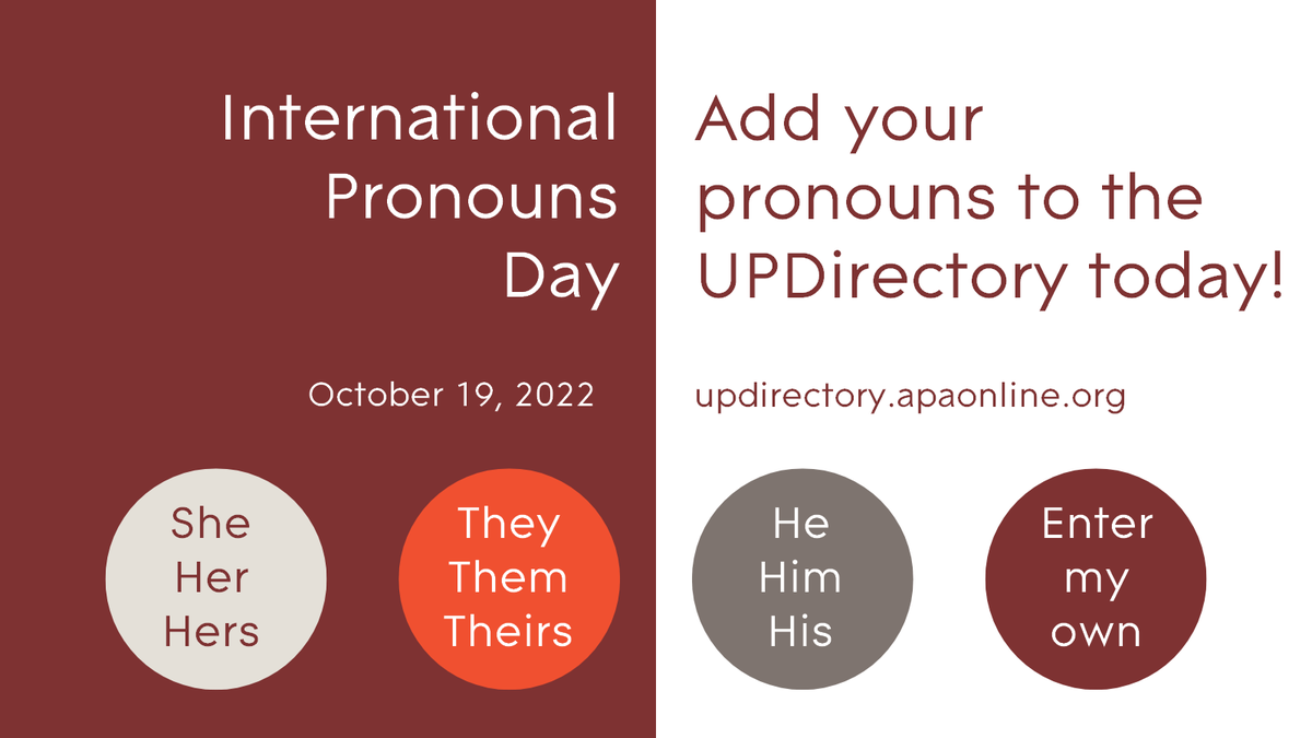 apaphilosophy's tweet photo. To recognize #InternationalPronounsDay, we’ve added the option to include pronouns with your entry in @TheUpDirectory. Add or update your #UPDirectory entry here: https://t.co/39SIk6evij #ShareYourPronouns https://t.co/AtE0SeAqgJ