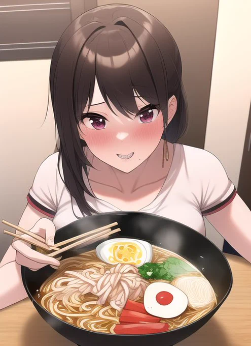 「蕎麦やラーメンを食べる」がダメなら、逆転の発想で
「アイドルを食べるラーメン」(Ramen noodles that eat idols)
ならどうだ?

あれ⁉︎ 箸が出たよ?
あと若干見覚えのある感じのパーツの子に 