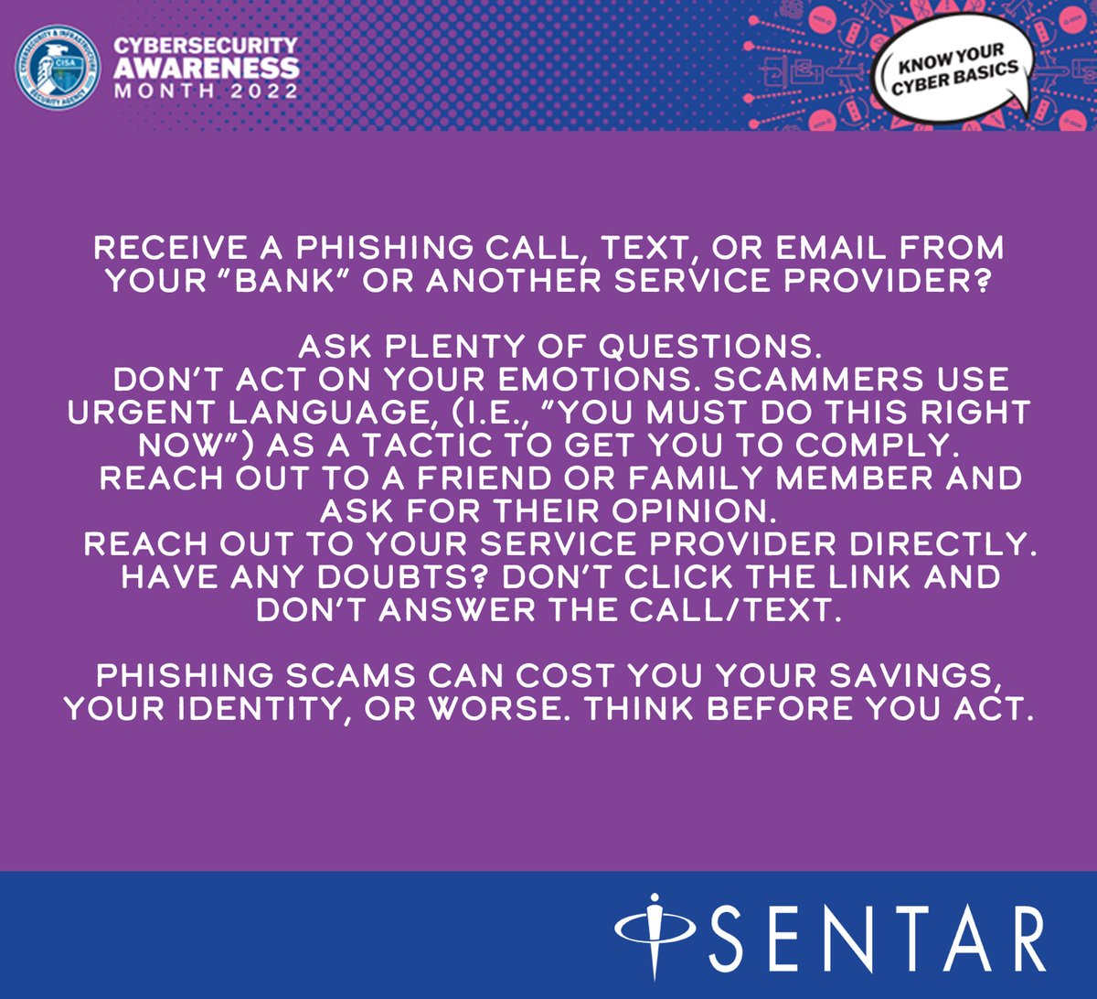 Sentar_Cyber's tweet photo. Happy Cybersecurity Awareness Month! No one is immune to phishing scams, and ask they get more sophisticated in nature, it’s your job to think before you act. #SeeYourselfinCyber https://t.co/dZCiOZ5lYb