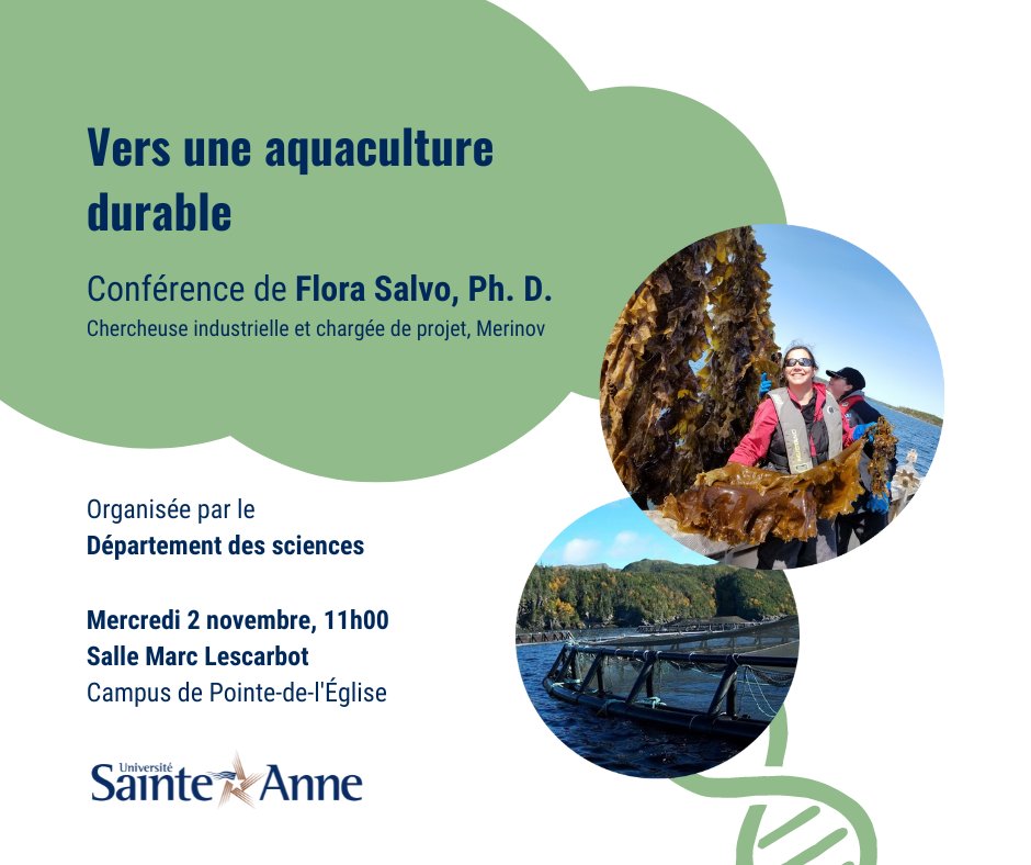 [Conférence]

Le Département des sciences vous invite à la conférence « Vers une #aquaculture durable » de Flora Salvo, Ph. D., le mercredi 2 novembre 2022 à 11h à la Salle Marc Lescarbot, campus de Pointe-de-l'Église. #recherche #frcan

bit.ly/3Td9aJ2