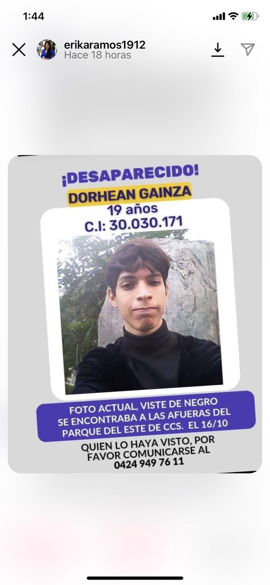 Dorhean no conoce Caracas, vino de Puerto Ordaz a estudiar artes escénicas. Se perdió,nunca llegó a una función a la que iría en los palos grandes.Le escribió a su mamá diciéndole que no encontraba el lugar,que mejor regresaría a casa. Pero no ha llegado desde el Dom a las 6 p.m