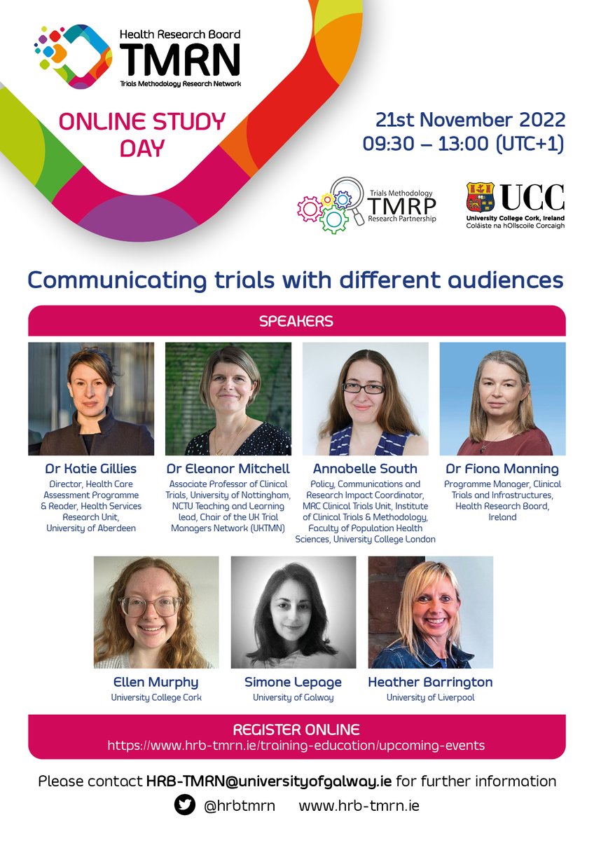 📢@CRF_CORK,@hrbtmrn & @MRCNIHRTMRP host a FREE online event on 21st Nov @ 09:30-13:00 (UTC+1) -Communicating Trials with Different Audiences feat @GilliesKatie @eleanor_mitch @AnnabelleSouth @FionamtM @SLepageFarrell @EllenMurphyy12 & @hetbag. To sign-up: hrb-tmrn.ie/conference/stu…