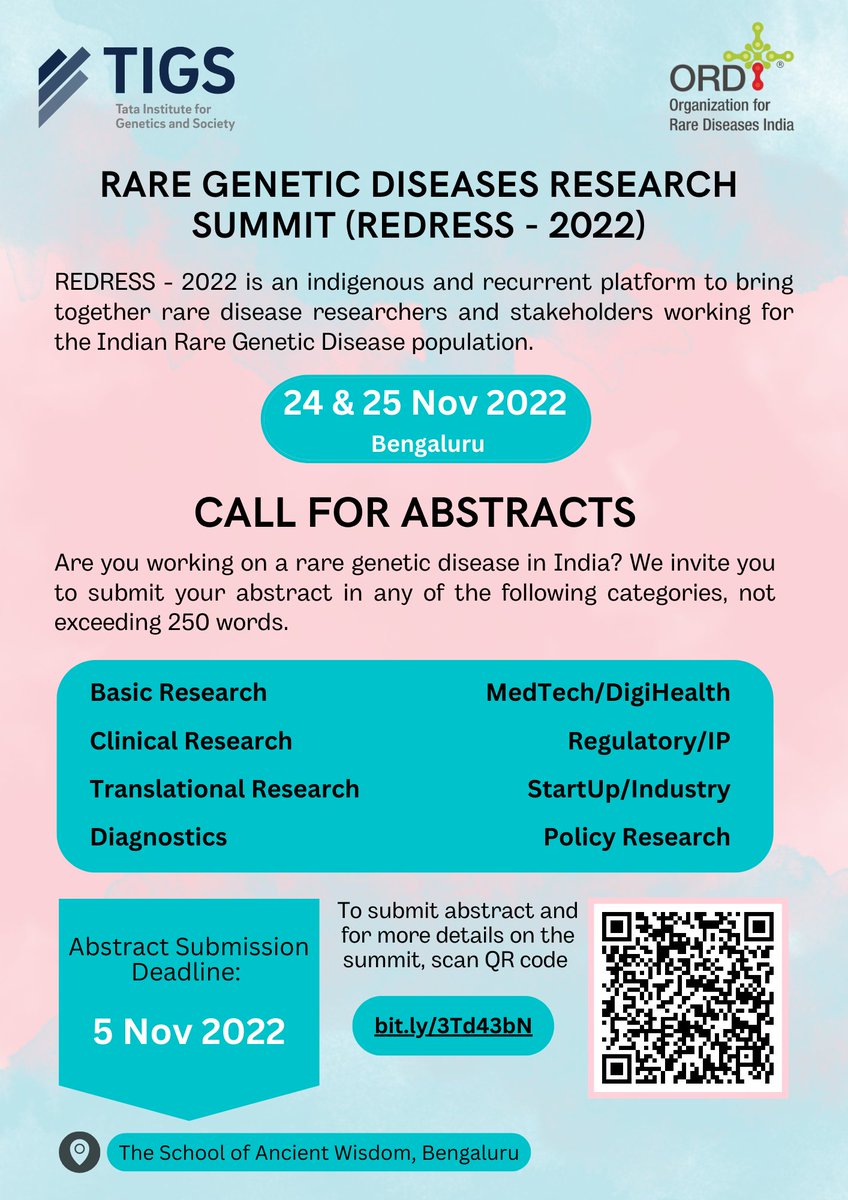 TIGS and <a href="/ORDIndia/">ORDIndia</a> are glad to announce the ‘Rare Genetic Diseases Research Summit (REDRESS) 2022’, A platform to share &amp; network with stake holders working towards addressing challenges faced by Indian rare disease population. Call for abstracts now open! bit.ly/3Td43bN