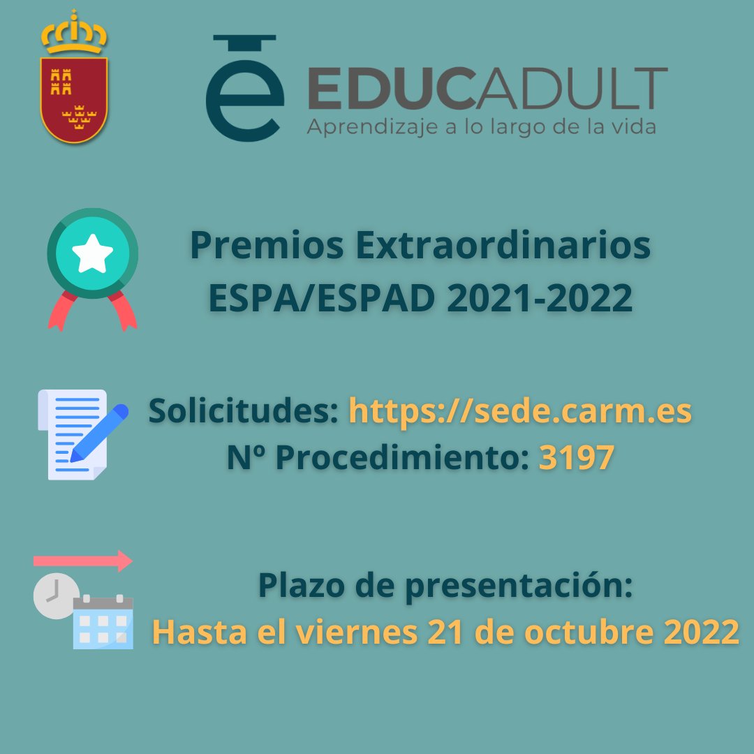 EduPermanenteRM's tweet photo. 🏅Premios Extraordinarios ESPA/ESPAD 21-22. 
💻Solicitud telemática: https://t.co/5g2VtlLn7u
(Procedimiento 3197)
🗓️Hasta el 21 de octubre de 2022
🔗https://t.co/K82JIAu42h
@Educarm  #NuncaEsTardeParaAprender https://t.co/Bx7sGIey9G
