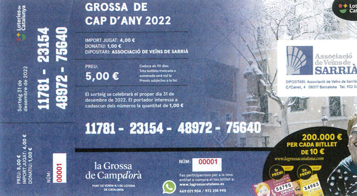 AVSarria's tweet photo. Us recordem que a la nostra seu de Canet 4 (dimarts i dijous, de 6 a 8 del vespre) ja tenim a la venda participacions de la Grossa de Cap d'Any, a cinc euros cadascuna. Quan s'acabin, s'acaben (esperem que no passi com amb els tiquets de la Paella Festa Major...) https://t.co/bjWgj7VKWe