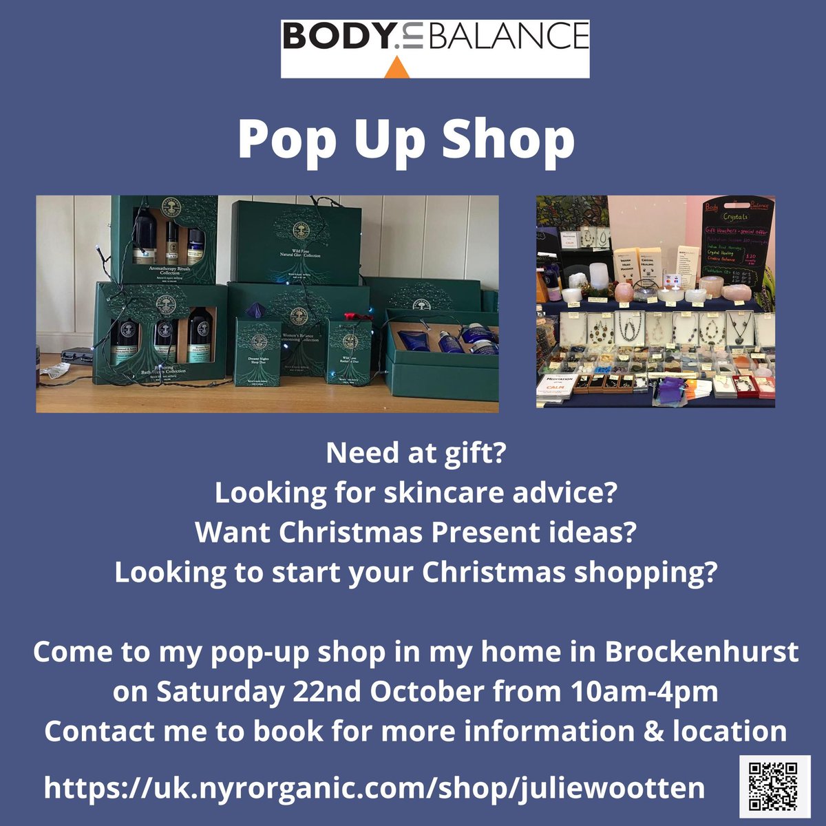 BodyInBalance_3's tweet photo. Pop-up shop  Brockenhurst on Saturday 22nd October from 10-4 

Neal's Yard &amp; Crystals

Please message for location

#NealsYardRemediesOrganic
#BodyInBalance
#BodyInBalanceJulieWootten
#BodyInBalanceBrockenhurst
#NewForest
#BuyLocal
#SmallBusiness
#ChristmasGifts 
#VeganGifts https://t.co/UiJIC9gej8