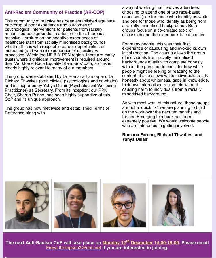 We’re really proud of the Anti-Racism work @DrRomanaFarooq and @rthwaites are leading with their collaborators for @NEandY_PPN. Details of how to join their CoP can be found below. You can also follow ppn.nhs.uk/north-east-and… to sign up to the wider network 👍 #dclinpsy