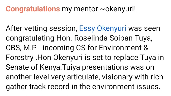 IsaackMutai9's tweet photo. Congratulations my mentor @HonTuya~  @essyokenyuri

After vetting session, Essy Okenyuri was seen congratulating Hon. Roselinda Soipan Tuya, CBS, M.P - incoming CS for Environment &amp; Forestry .Hon Okenyuri is set to replace Tuya in Senate of Kenya.all the best waziri .@WomenRuto https://t.co/JN0qmO8JaX
