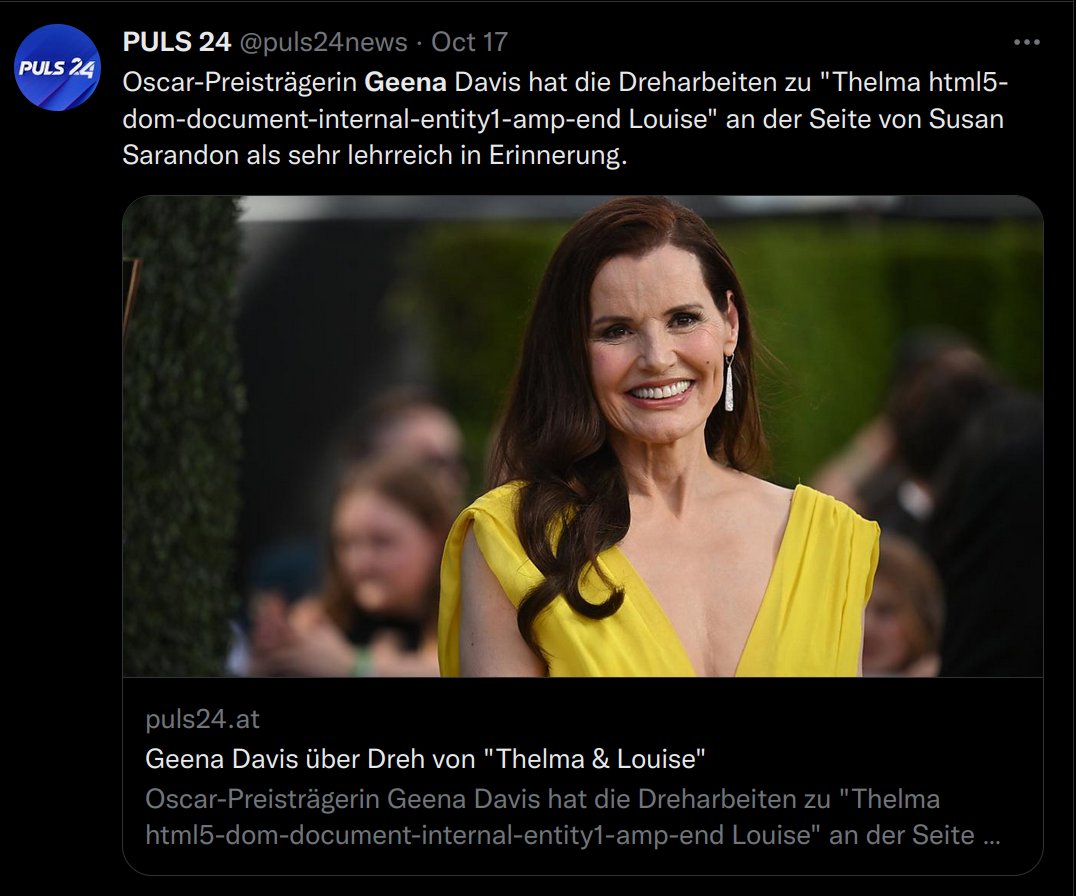 schei_encoding's tweet photo. "Thelma html5-dom-document-internal-entity1-amp-end Louise"

Als für einen Reboot ist das doch ein etwas sperriger Titel, @puls24news …

https://t.co/AlccmNkS3e https://t.co/5dpdnlJjLJ