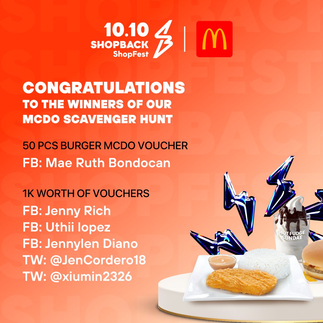 shopbackph's tweet photo. Congratulations to the winners of our "Spot the Hidden MCD" scavenger hunt!

Expect a message from our representatives on FB and TW to claim your prize!

#forthewins #shopback1010mcd https://t.co/PqgPYLvcNP