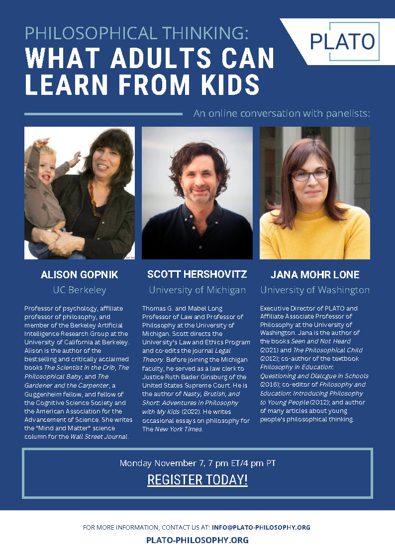 RLEditorNatalie's tweet photo. Get your calendars out! @RLPGBooks author @JanaMohrLone is teaming up with Scott Hershovitz @shershovitz and @AlisonGopnik for a @platoorg panel called PHILOSOPHICAL THINKING: WHAT ADULTS CAN LEARN FROM KIDS.  Register at  https://t.co/NJZexTk1QM https://t.co/0idQ1TAqAb