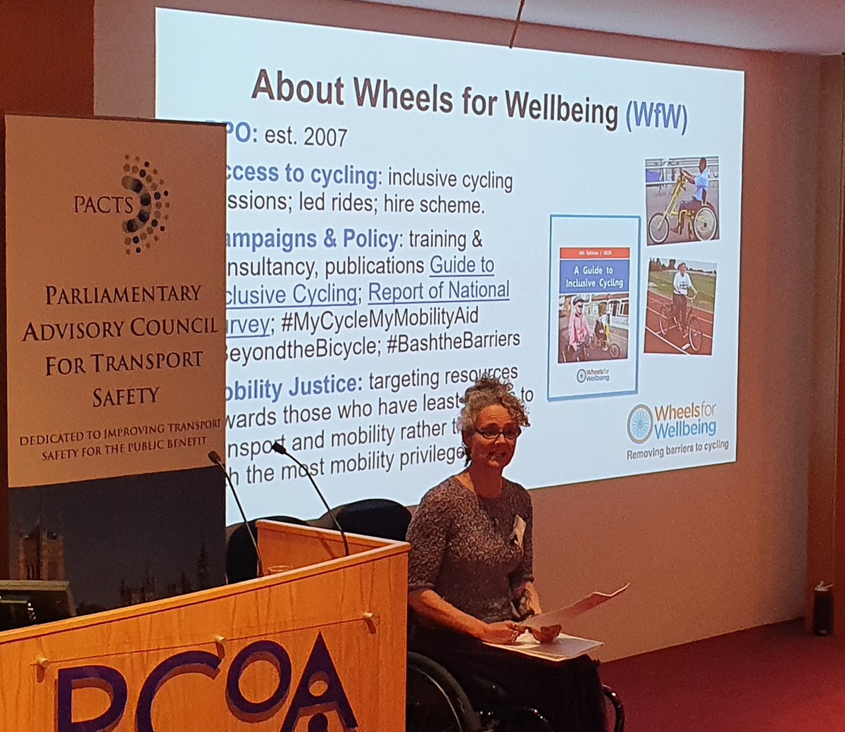 PACTS's tweet photo. Dr Kay Inckle, Campaigns and Policy Manager @Wheels4Well-
speaking on the ways in which measures that are used to promote safety in active travel commonly impede disabled peopleβs access and put them at greater risk than the non-disabled population.
@transportgovuk
#PACTSconf https://t.co/zPoANvTSzt