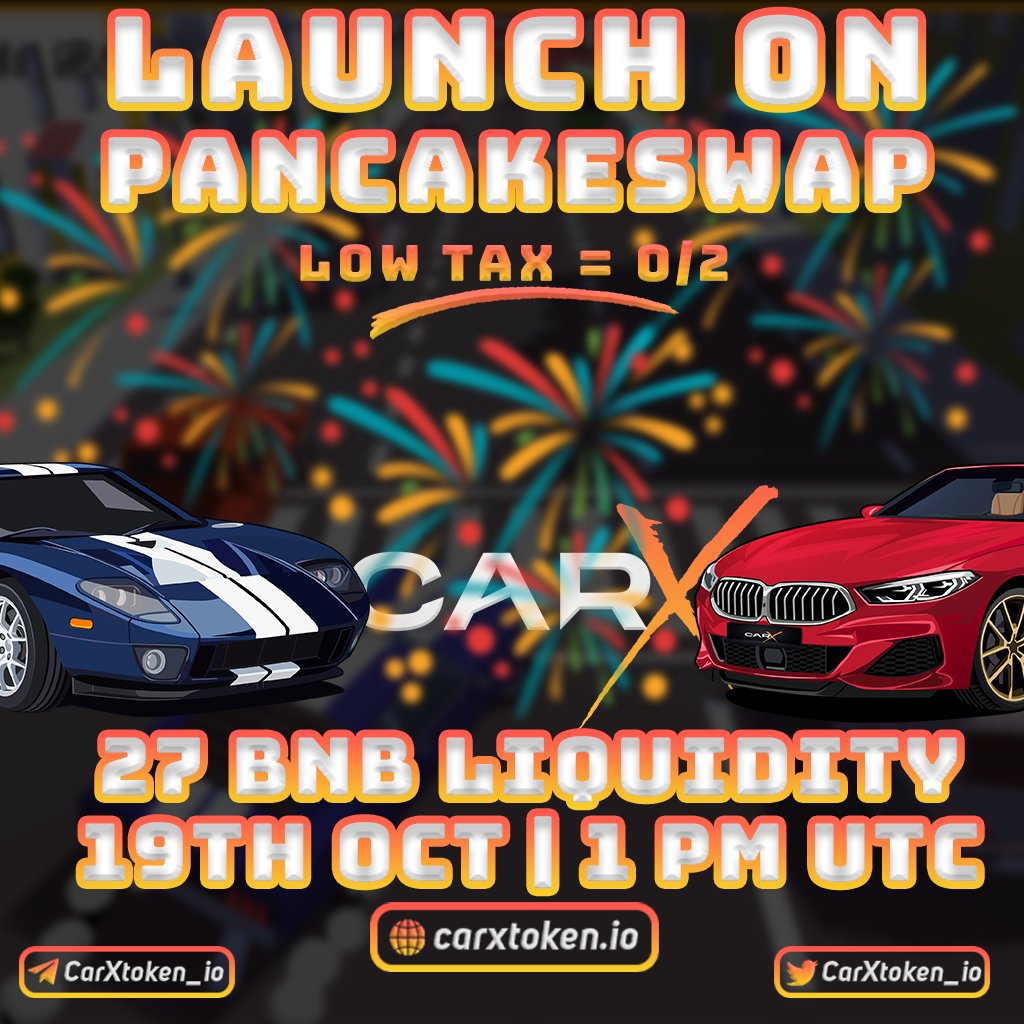 DaCryptoPirates's tweet photo. @CarXtoken_io will list on pancakeswap today at 1 PM UTC after a successful Fairlaunch yesterday 👏

✅SAFU
✅Low Market Cap
✅Huge Marketing lined up 
✅Beta Game Live 

Don’t miss this big gains 💹💰

💬https://t.co/soJ6jNXGbQ
🌐https://t.co/7FSvuKnNZ9

#BSC #DYOR #NFA https://t.co/mxQALVdeIK