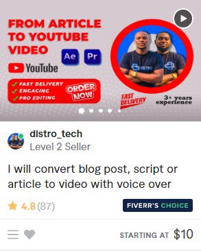 Opened @fiverr a few minutes ago and I saw the “Fiverr’s choice” badge on one of my gigs.

All those sleepless nights of editing is paying off✌🏽

We are available for projects
fiverr.com/share/wq2YWq

#fiverr #articletovideo #FreelancersOnFiverr