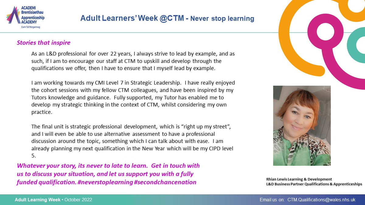 CwmTafMorgannwg's tweet photo. It is day 3 of Adult Learners' Week in Cwm Taf Morgannwg University Health Board.

As an L&amp;D professional for over 22 years, I aim to lead by example and always try to continually develop myself, as well as others
#neverstoplearning
#secondchancenation
#nhs #university #learning https://t.co/CvTpbrBxJP