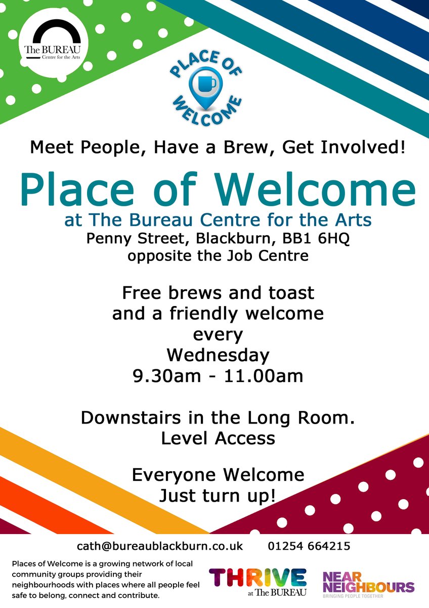 BureauBlackburn's tweet photo. We had a lovely Place of Welcome session this morning. They are the friendliest (and sometimes silliest) sessions, with brews, toast and wide-ranging conversations. We also now have a Public Living Room on a Friday from 10-12. Both free sessions, all welcome. Please Share. https://t.co/nLj4TvyyvG