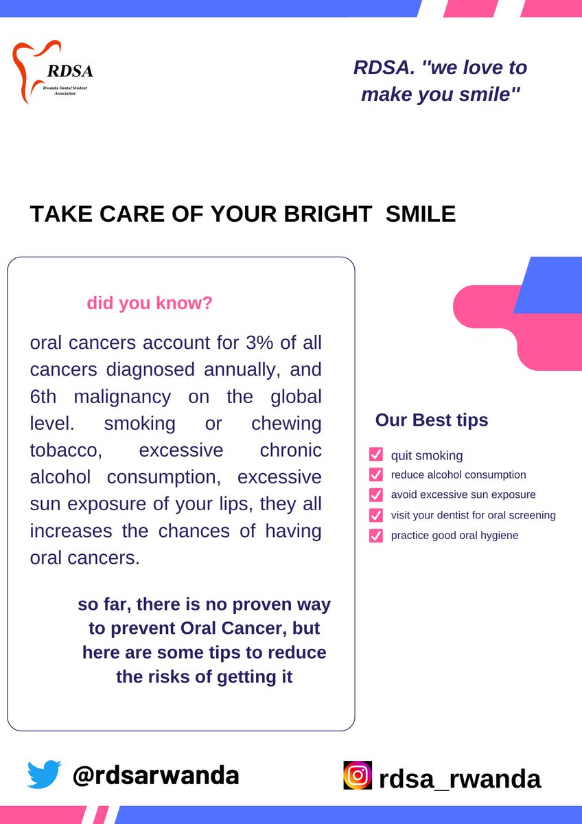 rdsarwanda's tweet photo. Oral cancer appears as a growth or sore in the mouth that does not go away. studies shows that About 50,000 people in the U.S. get oral cancer each year, 70% of them men.
When caught early, oral cancer is much easier for doctors to treat.
#oralcancer https://t.co/tjMdr6q7V4