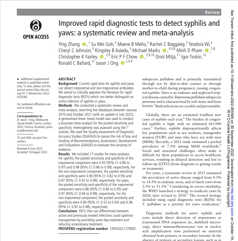 If Rapid Diagnostic Tests are distributed widely with appropriate training, these tests can potentially decrease the incidence of both adult and congenital syphilis, and contribute to the global eradication of yaws #STIs Read more: bit.ly/3D77xXK