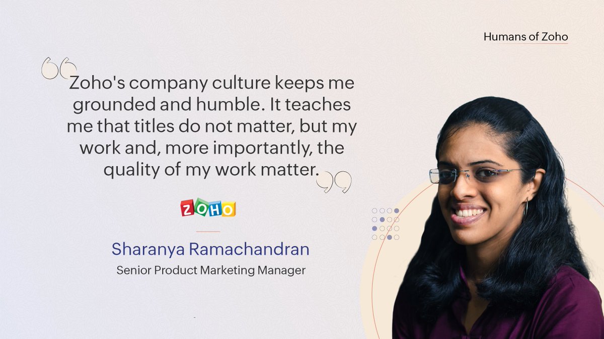 Zoho's tweet photo. Sharanya has been with us for 13+ years. She leads the customer experience marketing for @ZohoCRM, CRM Plus, and @Bigin. She loves dancing, reading, and has also recently taken up gardening and crocheting!
 
Know her story 👉 https://t.co/1Ct0vrl7hf
#HumansofZoho https://t.co/IXqnD8e45X