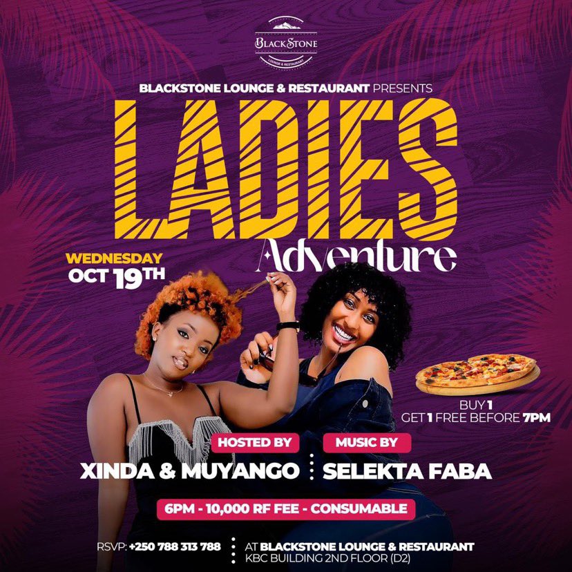 KigaliLounge's tweet photo. If you are seeing this tweet, This should be among your plans today!🤩
•
Are you coming for #pizza PROMO 😋or the #adventure with Ladies?💃
Either way, we got it ALL🔥🥳
•
Calls us for your orders &amp; reservation +250 788 313 788 🚨
#YouKnowTheSpot https://t.co/qHsDr9f2Iq