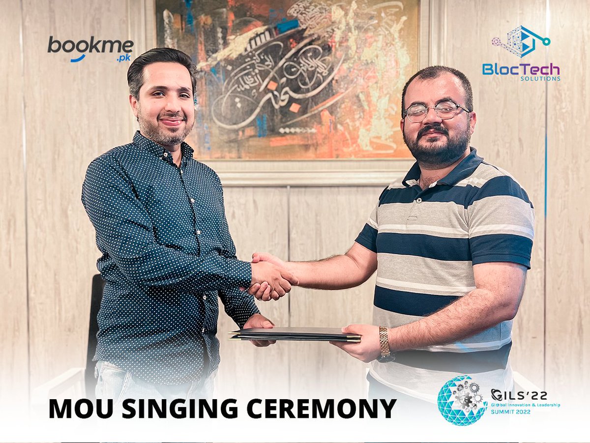 gils_22's tweet photo. MOU signing ceremony between @BloctechS & @bookme.pk
Connecting Today to the #Future!
https://t.co/9FfF5vqmfk
#gils22 #web3 #blockchain #nft #partnerships #MOU #bloctechsolutions #orbitadvertising #bookme #innovation #travelwithbookme #digital #blockchaintechnology https://t.co/0NLWTOUgdv