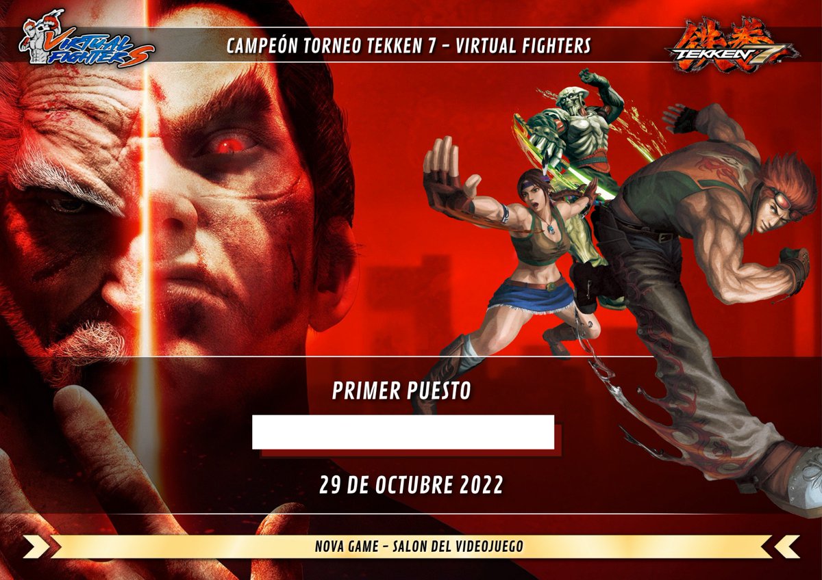 Gran torneo de Tekken 7 en Nova Game, este será el Main Event de la zona de torneo.

🥊Tekken 7 ( Fase de Winners y losers).

📍Lugar (@CCAtalayas).

📝Inscripción presencial en zona de competición.

🗓️Sábado 29 de Octubre.

⏰ 15:00.