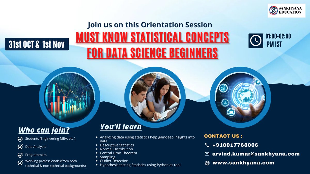 sankhayana's tweet photo. Register your interest here:- https://t.co/i11H0hlxaV

#sankhyana #sankhyanaeducation #datascience #day #datasscience #dataanalytics #programming #programminglife #beginners #statistics #statisticsandprobability https://t.co/oJNCc0wrvI
