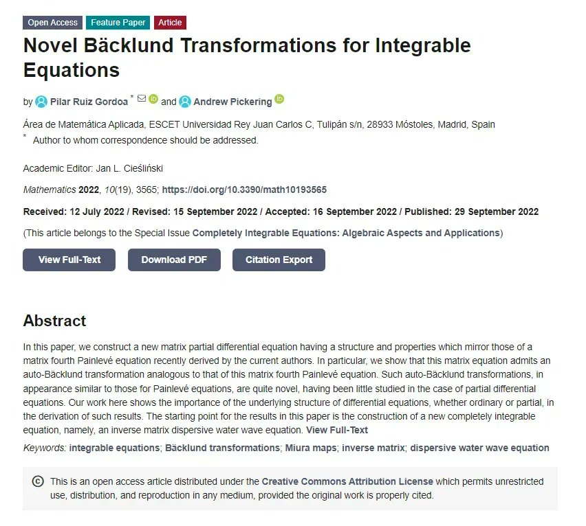 MathematicsMDPI's tweet photo. #mdpiMathematics #particularinterest Article by Pilar Ruiz Gordoa and Andrew Pickering "Novel #Bäcklund #Transformations for #Integrable #Equations"
https://t.co/j6EdFplBuz
#inverse_matrix #wave_equation
SI is still open for submissions! https://t.co/xTQkT6QKtC
@MDPIOpenAccess https://t.co/StDv3pYvhl