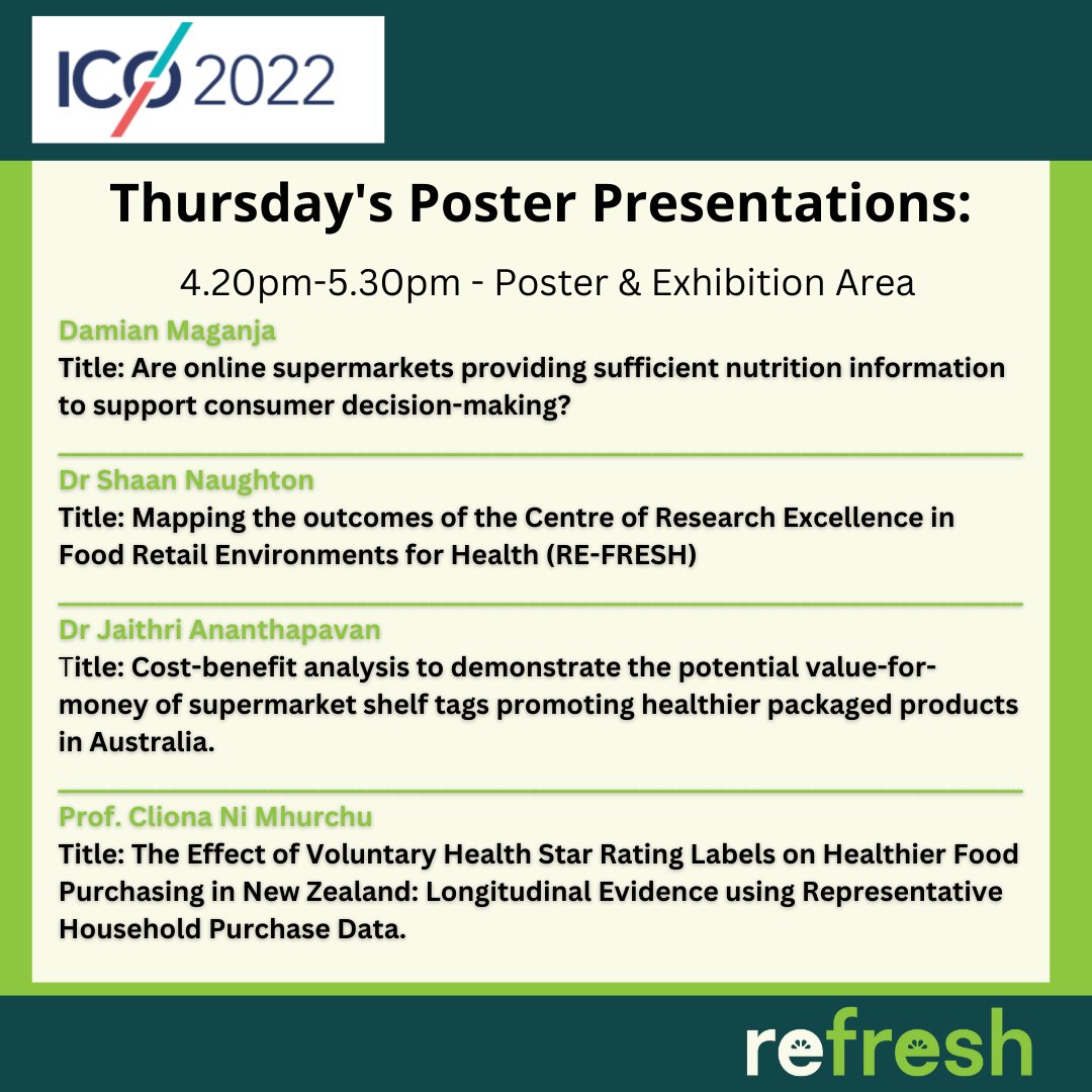 h_food_retail's tweet photo. 📢Online supermarket env'ments + RE-FRESH outcomes + star ratings + shelf tags = #postertime at #ICO2022 for our awesome @h_food_retail team today! Come & chat!⬇️@OPCAustralia @ClionaNiMhurchu @Shaan_Naughton @JaithriA @TAPPCentre @janemartinopc @AnnaPeetersAus @SimonePettigrew https://t.co/hClb553ccT