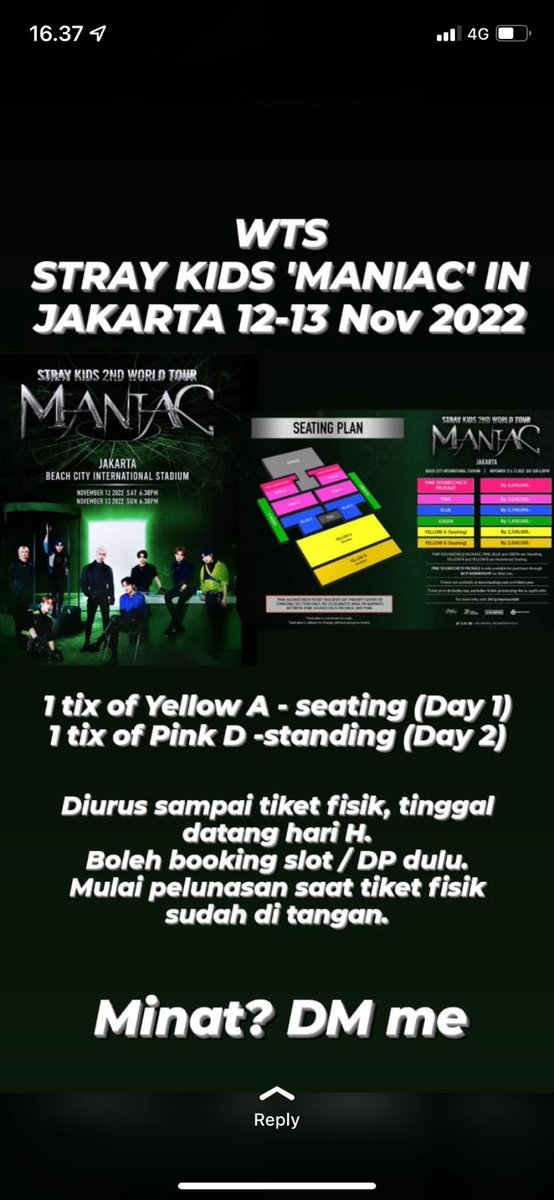 Hai aku bantu temennya temenku jual tiket skz, kalo mau bisa via dm ke aku ato ke orangnya langsung via ig @/irenegloput #MANIACinJKT