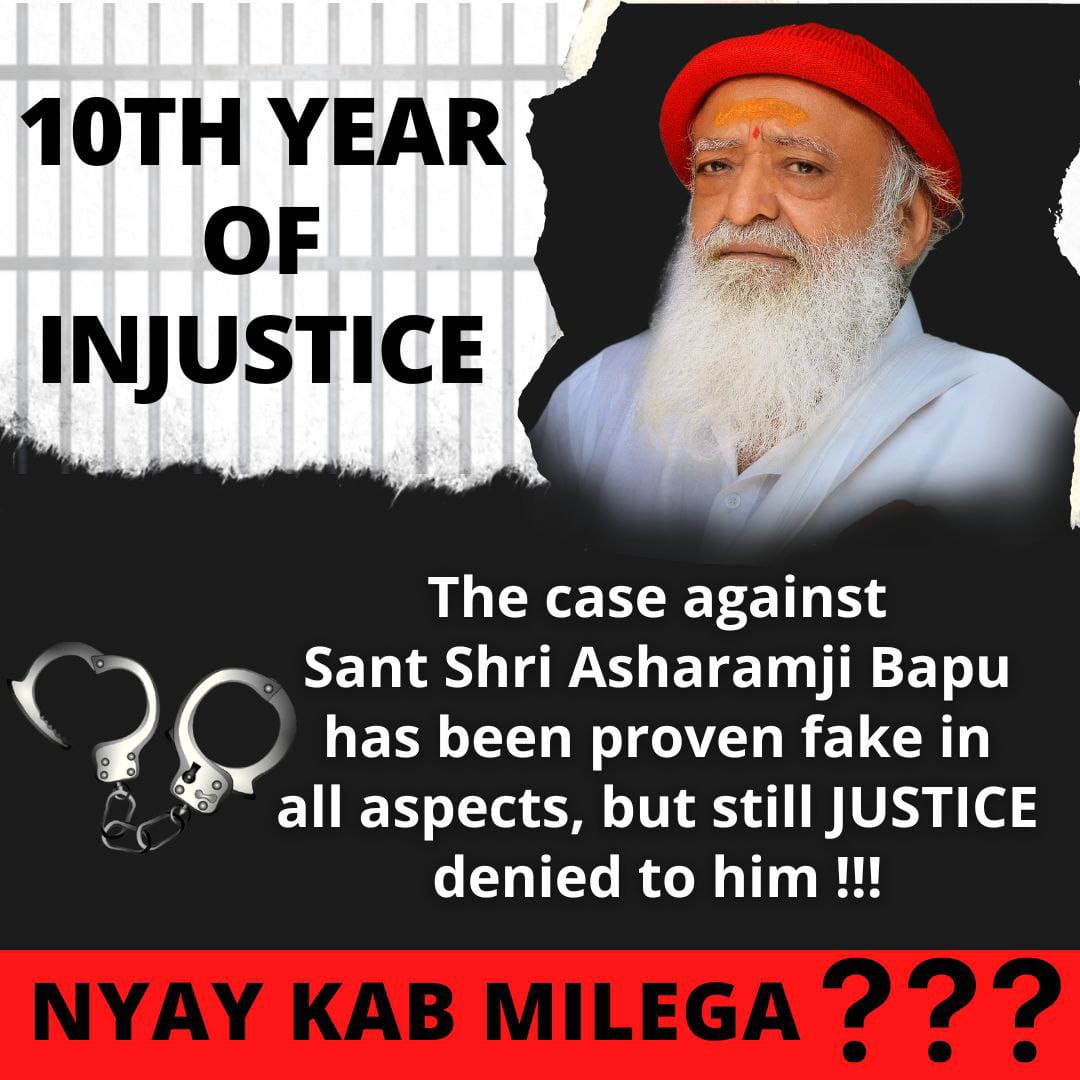 RPBARODA's tweet photo. #10thYearOfInjustice
Sant Shri Asharamji Bapu 10 साल से निराधार झूठे केस में षडयंत्र के तहत फसाया गया है।
Justice Delayed Justice Denied 
Nyay Kab Milega ? ��े यक्ष प्रश्न सभी न्याय प्रेमी जनता के मनमे है। https://t.co/CUrqCZjA5T