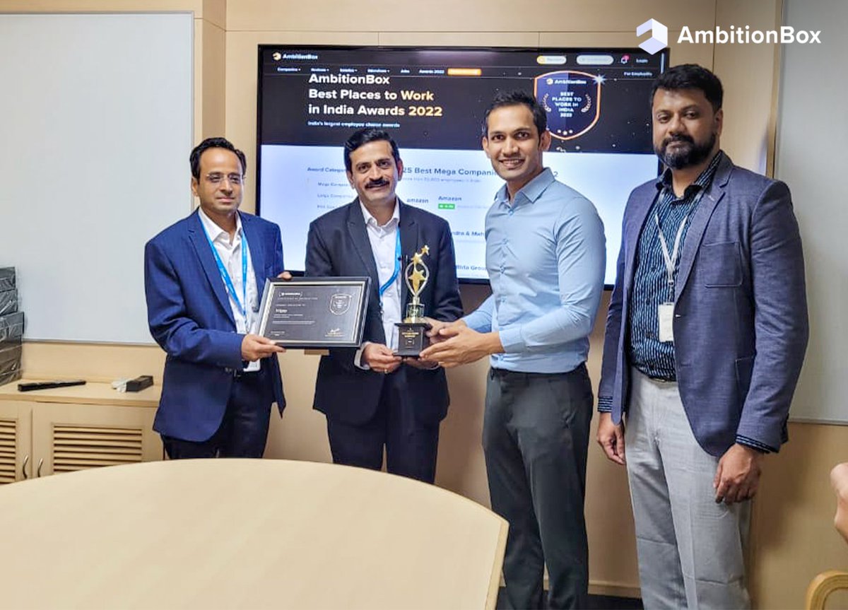 Congratulations to <a href="/Wipro/">Wipro</a> on winning the AmbitionBox #BestPlacesToWork in India Award 2022🔥🔥

They ranked among the top 25 companies in the mega companies category.

#employeefirst #ambitionbox #ambitionboxbestplacestoworkawards2022
