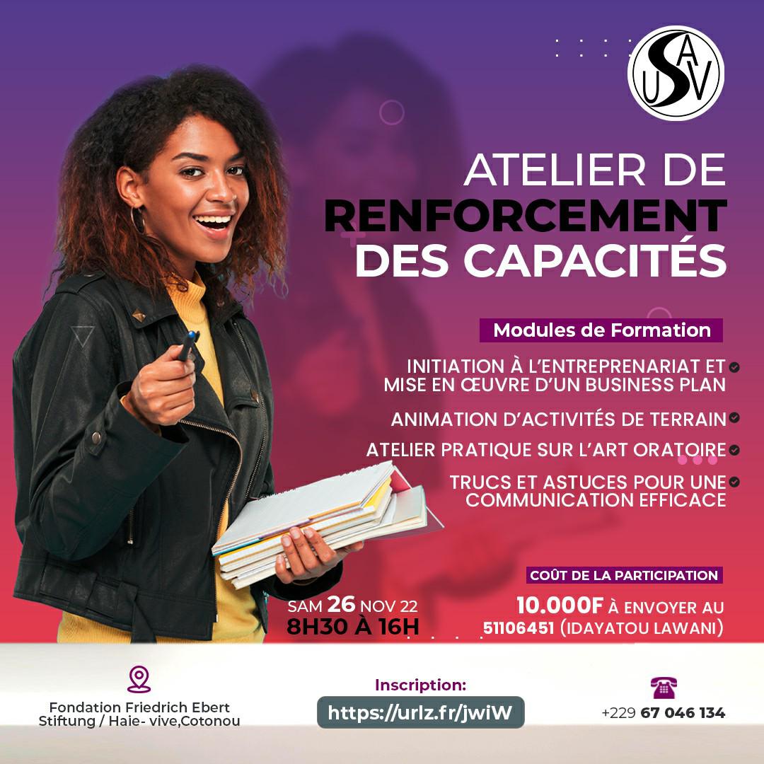 📣Atelier de renforcement de capacités📣

✅Voulez vous acquérir des compétences pour bonifier votre profil? 
✅Voulez vous développer vos aptitudes et réaliser vos objectifs?
✅Voulez une valeur ajoutée en situation professionnelle?
