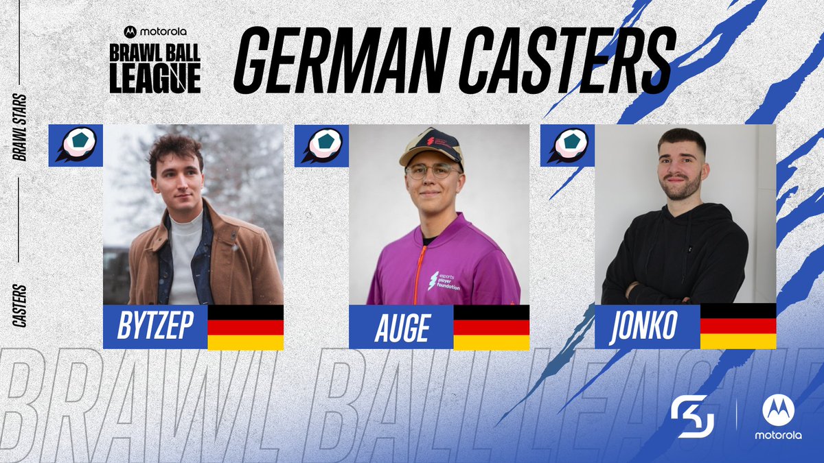 🔥It's time for our first caster announcement tweet! (1/4)

Meet your German #BrawlBallLeague Caster Line-up! 

🎙️ <a href="/bytzep/">Laurence</a> 
🎙️ @AugeBrawlstars 
🎙️ <a href="/Jonkoryl/">Jonko</a> 

Upcoming Line-ups: 

🇬🇧 = ❓
🇪🇸 = ❓
🇫🇷 = ❓

<a href="/motorolaDE_AT/">motorolaDE_AT</a>
