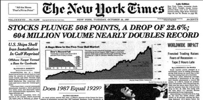 True Story - working for my Dad’s brokerage firm, October 19, 1987

Me: “I need to sell x shares of IBM”

Trader: “$98 bid”

Me: “My machine says $119”

Trader: “Well, sell it to your machine then.”