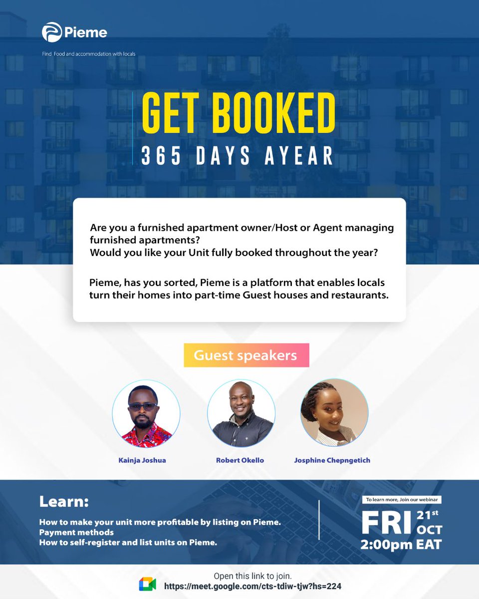 Mark your Calendars📅 21st October at 2PM. We will be having a very insightful conversation on 'HOW TO GET YOUR UNIT BOOKED 365 DAYS on Pieme' for our hosts. To listen in>> meet.google.com/cts-tdiw-tjw